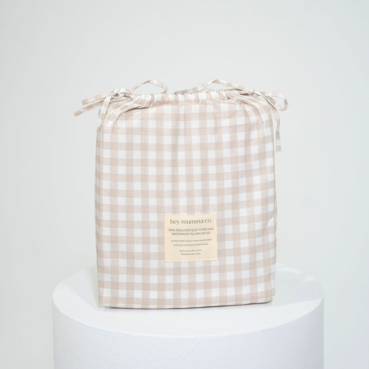 Matching King Single Doona Cover & Waterproof Pillowcase Set - Beige Gingham