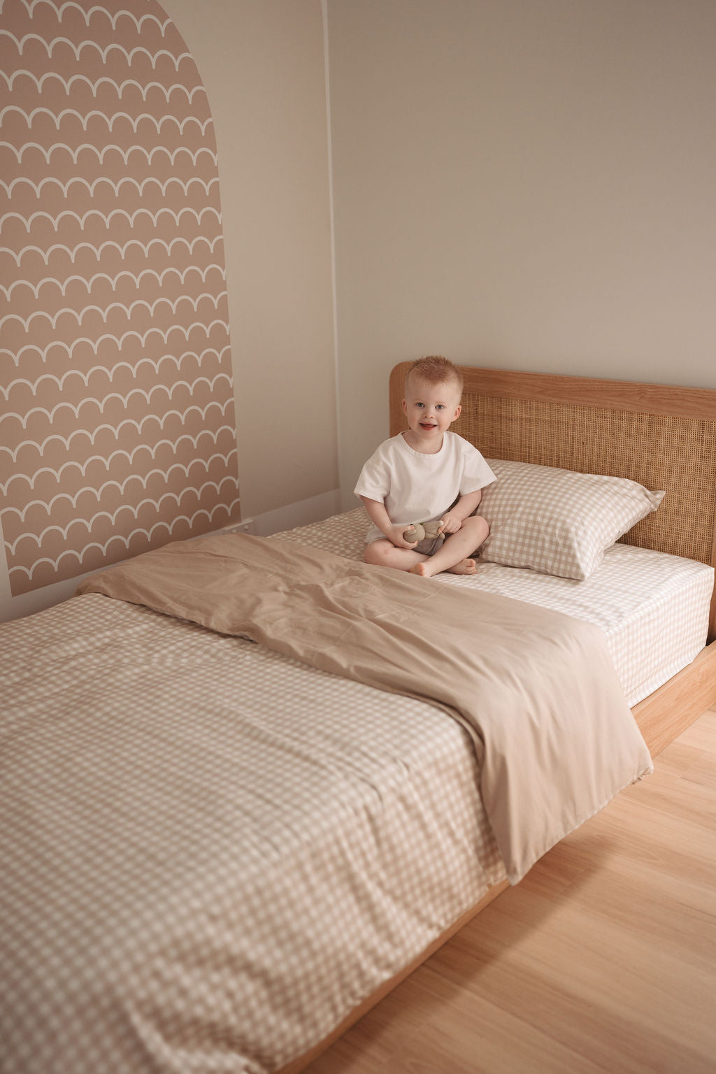 Matching King Single Doona Cover & Waterproof Pillowcase Set - Beige Gingham