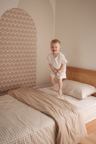 Waterproof Single Fitted Sheet - Beige Gingham