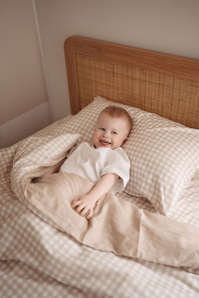 Matching King Single Doona Cover & Waterproof Pillowcase Set - Beige Gingham