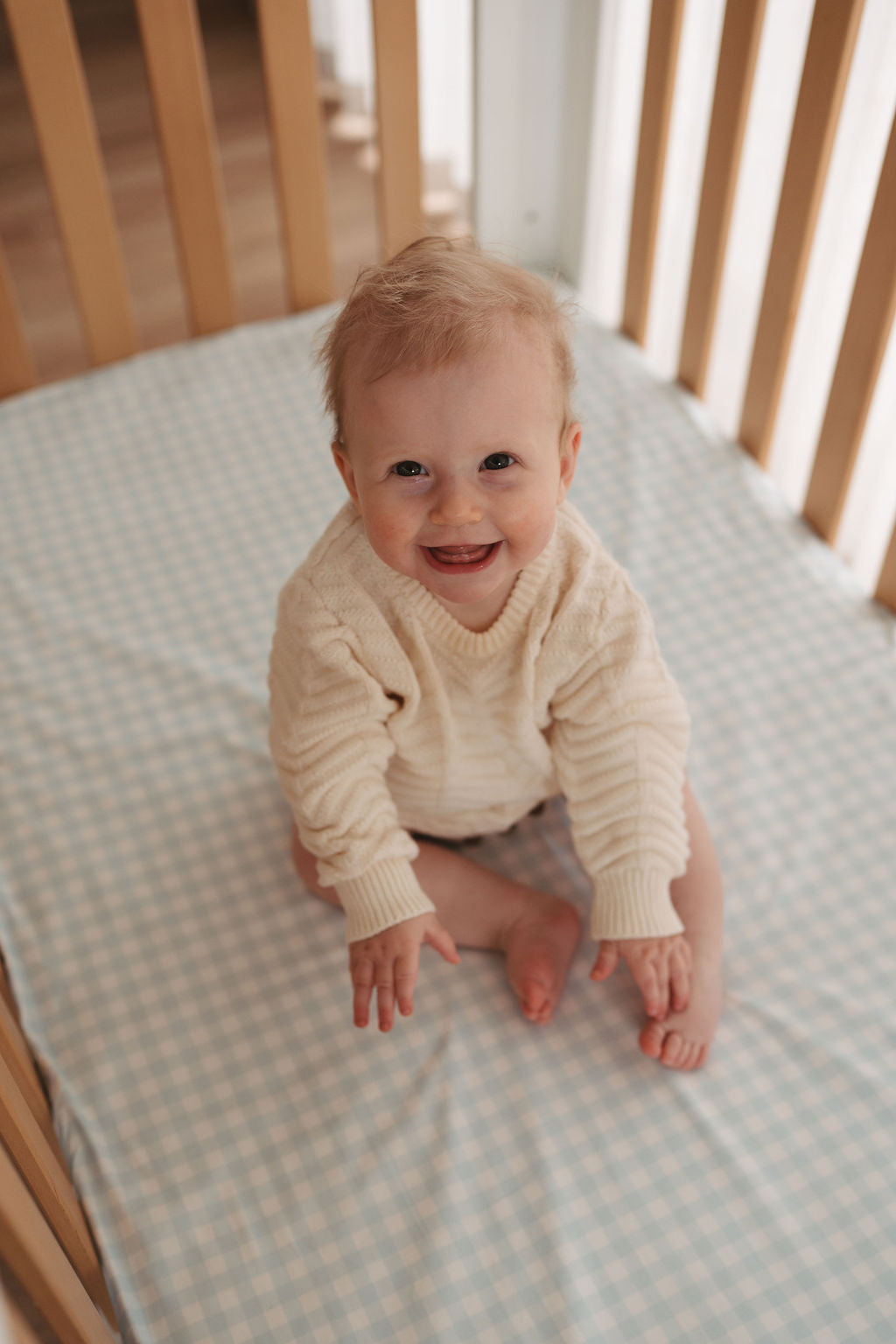 Waterproof Fitted Cot Sheet - Blue Gingham