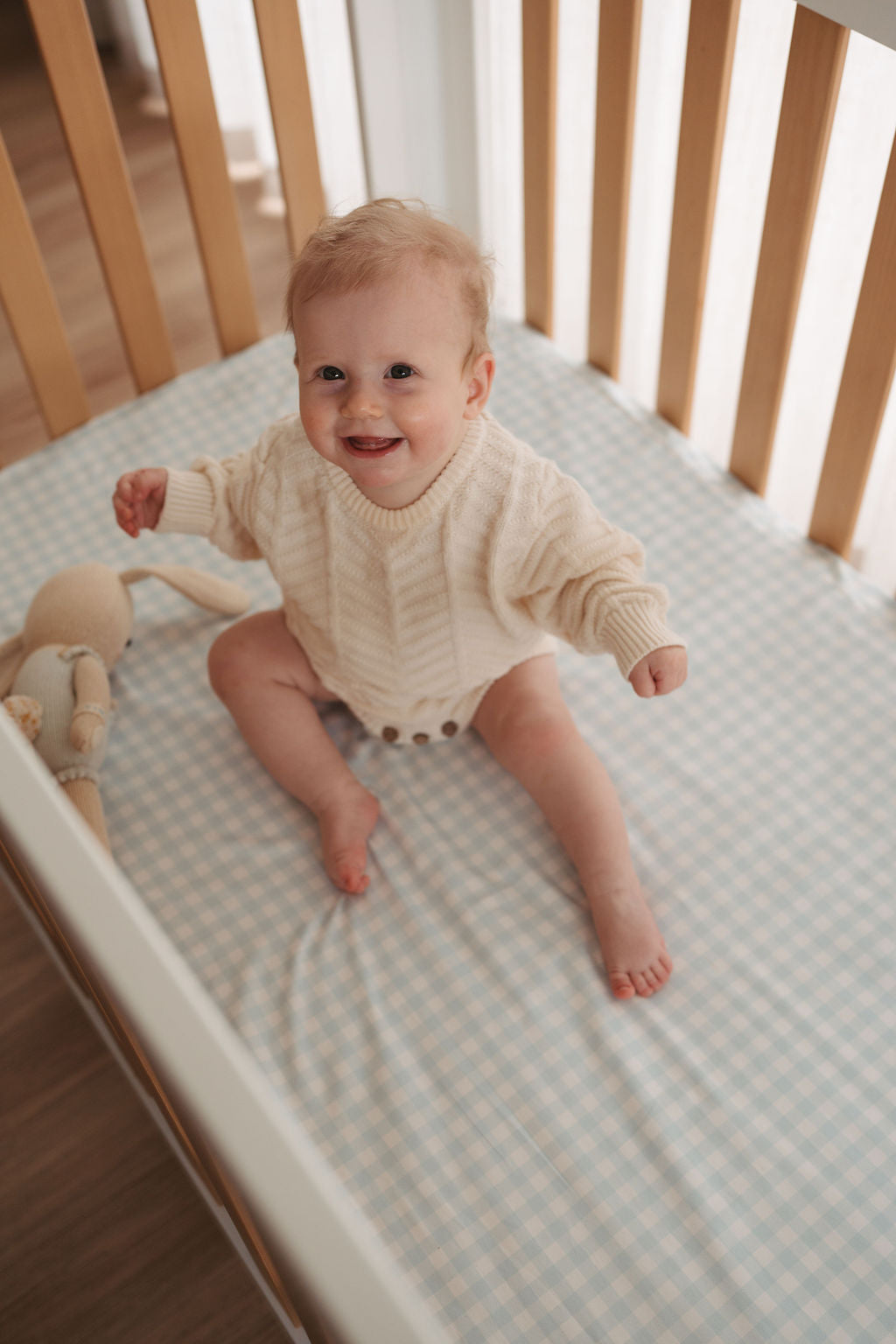 Waterproof Fitted Cot Sheet - Blue Gingham