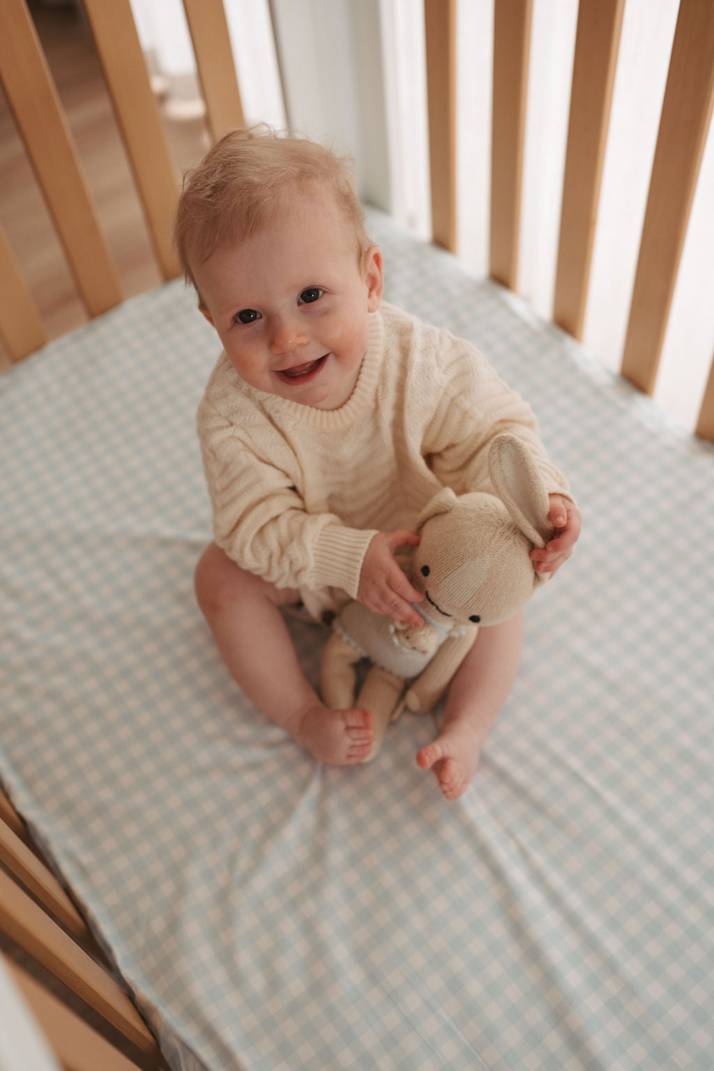 Waterproof Fitted Cot Sheet - Blue Gingham