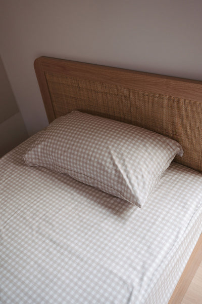 Waterproof Single Fitted Sheet - Beige Gingham