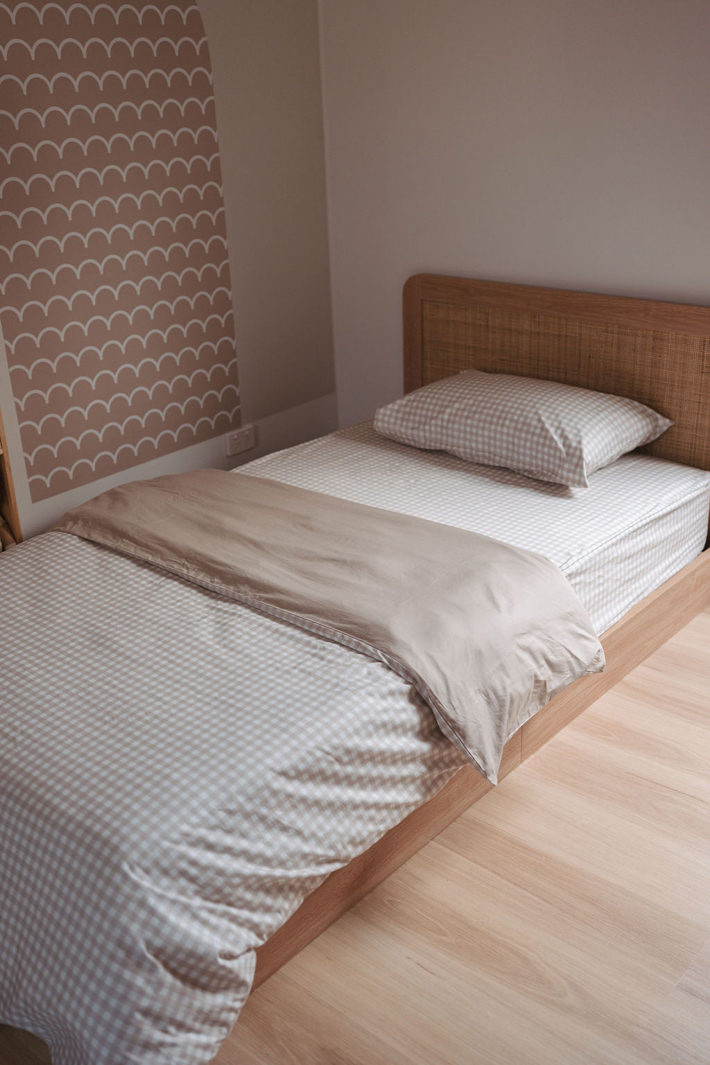 Waterproof King Single Fitted Sheet - Beige Gingham