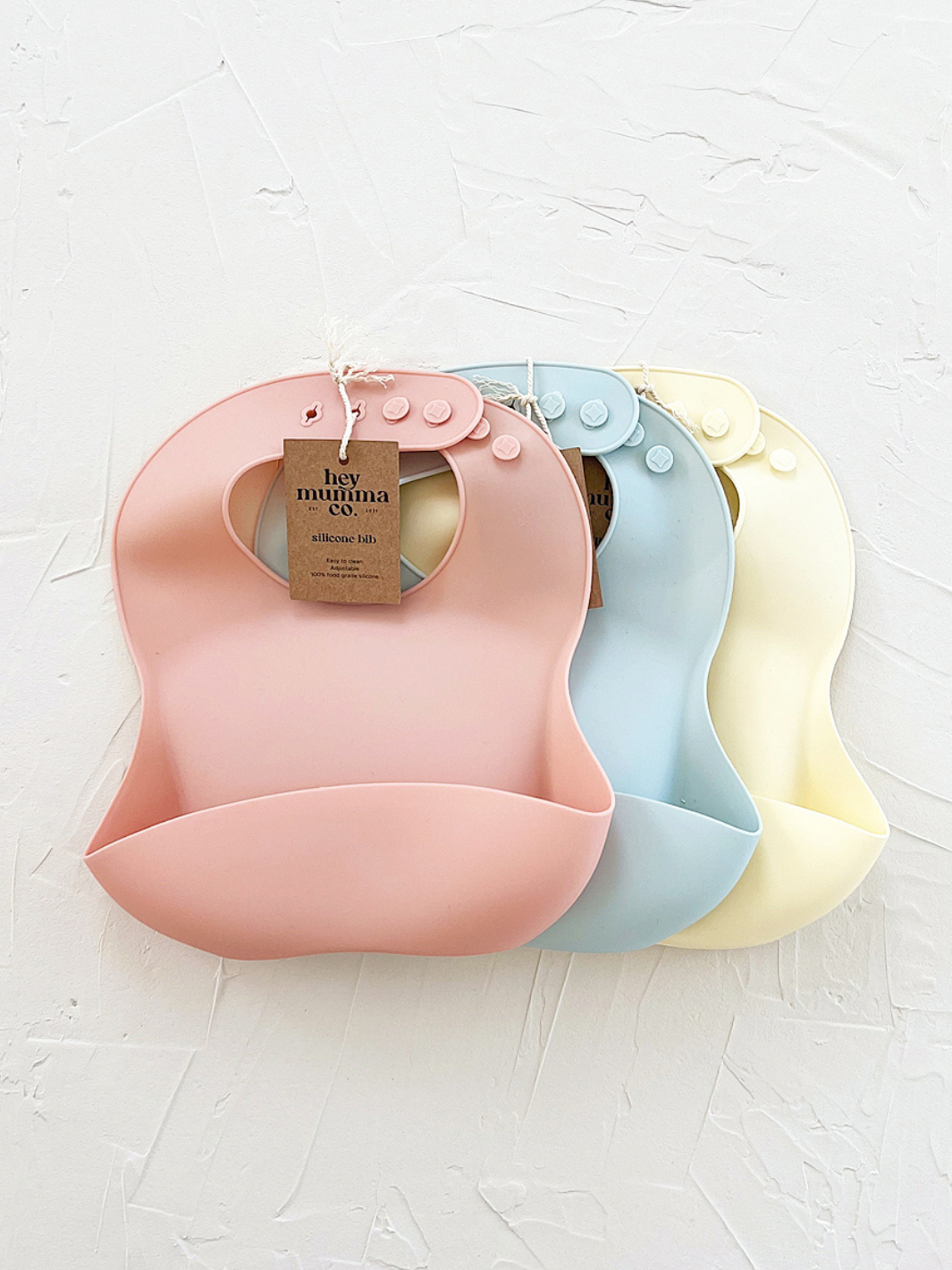 Silicone baby bib - 3 colours available with catch tray at the bottom. adjustable neck strap